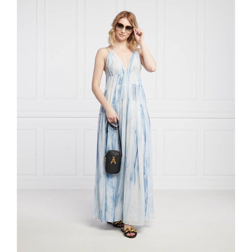 J Blonde Blue White Watercolor Tiered Deep Plunge V Neck Maxi Dress Women's Smal